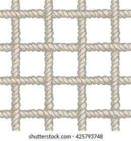 Marine fishing net seamless pattern. Endless navy illustration with beige rope ornament, horizontal and vertical cord strokes on white background. Trendy textured backdrop. Fabric, wallpaper, wrapping
