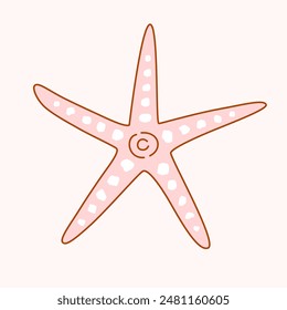 Marine five-pointed thin starfish of pink color. Cute vector simple illustration with outline on light isolated background.