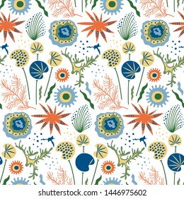 Marine flat hand drawn seamless pattern. Seaweed, corals, starfish cartoon illustrations. Underwater, nautical backdrop. Sea world, aquarium. Textile, wrapping paper design