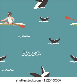 Marine flat hand drawn seamless pattern. Whales, waves cartoon illustrations.  Sea life kid textile, wrapping paper, background