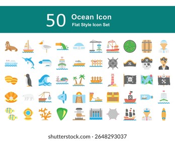Marine Flat Icons Pack – Sea Animals, Boats, Diving, and Nautical Elements. Ocean Illustration Set