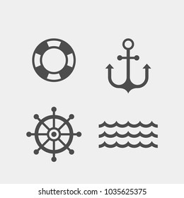 Marine flat vector icons set. Anchor, wheel, life buoy, wave flat vector icon