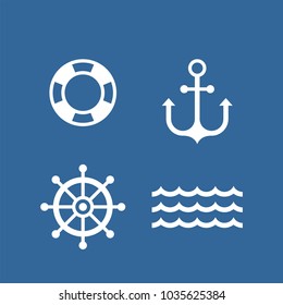 Marine flat vector icons set. Anchor, wheel, life buoy, wave flat vector icon