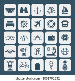 Marine flat vector icons set. Binoculars, anchor, fins, ship, hotel, steering wheel, airplane, lifebuoy, sunglasses, suitcase, compass, splashes, chaise longue, globe, lighthouse flat vector icons