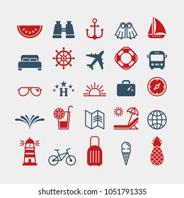 Marine flat vector icons set. Binoculars, anchor, fins, ship, hotel, steering wheel, airplane, lifebuoy, sunglasses, suitcase, compass, splashes, chaise longue, globe, lighthouse flat vector icons