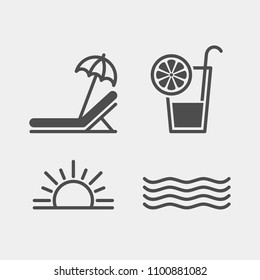 Marine flat vector icons set. Sun, wave, juice, beach chair flat vector icons