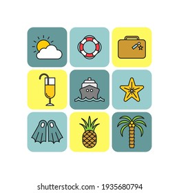 Marine flat vector icons set. Trip flat vector icons