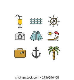 Marine flat vector icons set. Trip flat vector icons