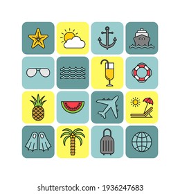 Marine flat vector icons set. Trip flat vector icons