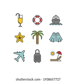 Marine flat vector icons set. Trip flat vector icons