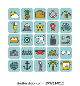 Marine flat vector icons set. Trip flat vector icons