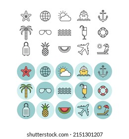 Marine flat vector icons set. Trip flat vector icons