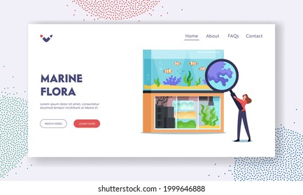 Marine Flora Landing Page Template. Woman Choosing Aquarium Stuff for Fish. Tiny Female Character at Zoo Market Look on Tropical Fishes through Huge Magnifying Glass. Cartoon Vector Illustration