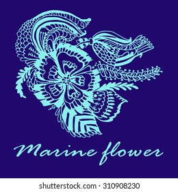 Marine flower pattern  turquoise blue card vector illustration