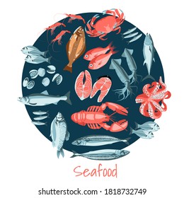 Marine food in circular shape. Organic natural healthy nutritious fresh seafood. Fish market, store, seafood products, packaging, restaurant menu design cartoon vector illustration