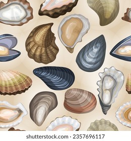 Marine food pattern. Shells collection exotic products recent vector seamless background