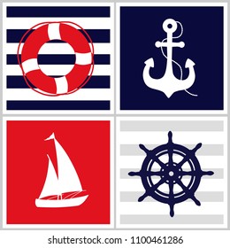 Marine four patterns with nautical elements 