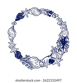 Marine frame with coral, shells and fish in sketch style