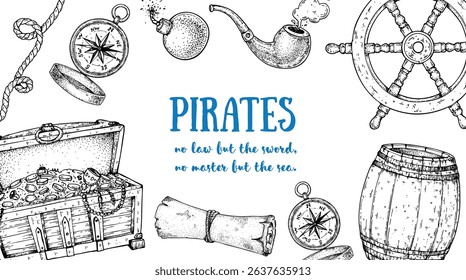 Marine frame with pirate symbols. Hand drawn vector art. Sea adventure template. Great for themed graphics and children's illustrations.