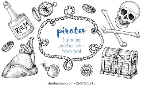 Marine frame with pirate symbols. Hand drawn vector art. Sea adventure template. Great for themed graphics and children’s illustrations. Hand drawn sketches