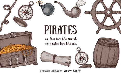 Marine frame with pirate symbols. Hand drawn vector art. Sea adventure template. Great for themed graphics and children’s illustrations.