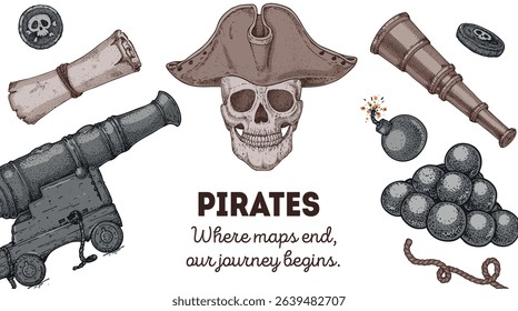 Marine frame with pirate symbols. Hand drawn vector art. Sea adventure template. Great for themed graphics and children’s illustrations.