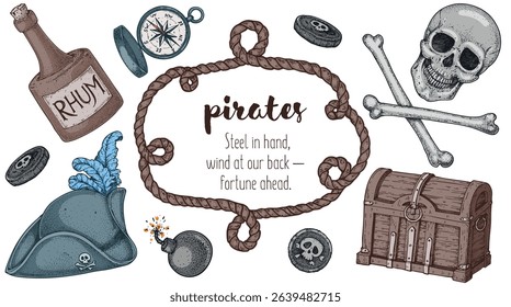 Marine frame with pirate symbols. Hand drawn vector art. Sea adventure template. Great for themed graphics and children’s illustrations.