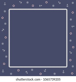 Marine frame with a rope, an anchor, a steering wheel, a life ring. Vector.
