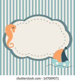 Marine frame with seahorse and boat on striped background