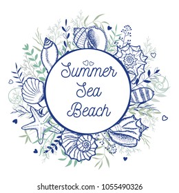 Marine frame. Seashells and sea plants. Template for invitations, postcards.