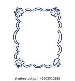 Marine frame of wavy lines, sea shells. Hand drawn blue ink summer holiday border wreath. Vintage sea beach background for greeting cards, wedding, invitations, social media