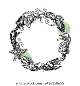 Marine frame, wreath. Seahorse, crab, fish, starfish. Illustration with a spot on the background. Cards, covers, posters, banners, packaging, labels.