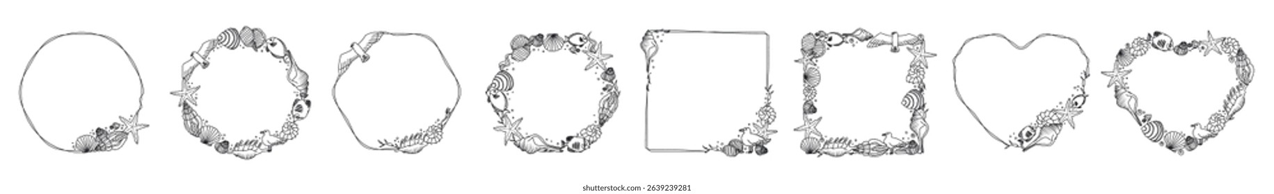 Marine frames collection with shells, seagulls and underwater stars decorative design elements. Banner templates with empty space for greeting cards, postcards invitation vector illustration