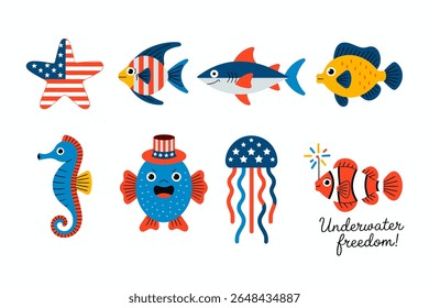 Marine freedom icon set. Starfish, jellyfish, seahorse, clownfish, USA themed fish, red white blue aquatic animals, patriotic sea design. Underwater celebrate freedom vector set