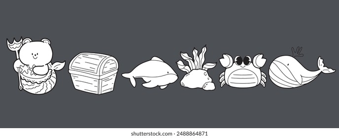 Marine Friends: Cute Cartoon Animals clipart coloring set sea