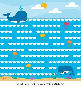 Marine game Labyrinth walker. Help the whale swim to mom. Developing Assignment for Preschoolers fun. Cartoon Vector illustration.