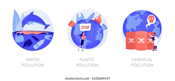 Marine garbage, indecomposable trash. Biological hazard. Toxic industrial waste. Water pollution, plastic pollution, chemical pollution metaphors. Vector isolated concept metaphor illustrations