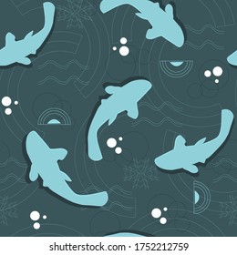 Patrón geométrico marino sin soldadura. El papel cortó peces y olas en un fondo azul.