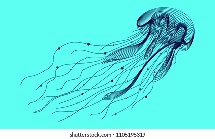 Marine graphic  animal. Vector illustration. The medusa  consist of lines.Digital element design  for business cards, invitations, gift cards, flyers and brochures, web.