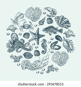 Marine graphic composition. Vector illustration. Illustration for greeting cards, invitations, and other printing projects.