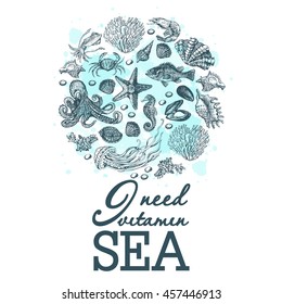 Marine graphic print with watercolor stains. Print on the marine theme. Illustration for greeting cards, invitations, and other printing projects.