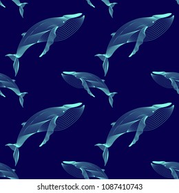 Marine graphic seamless pattern with animal. Vector illustration. The whale consist of lines. Digital design  for wallpaper, packaging, textile, printing,  web.