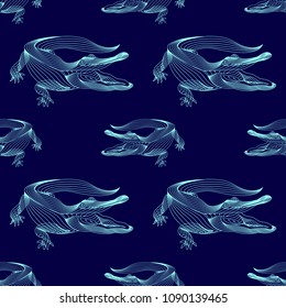 Marine Graphic Seamless Pattern With Animal. Vector Illustration. The Crocodile Consist Of Lines. Digital Design  For Wallpaper, Packaging, Textile, Printing,  Web.