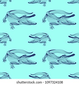 Marine graphic seamless pattern with animal. Vector illustration. The crocodile consist of lines. Digital design  for wallpaper, packaging, textile, printing,  web.