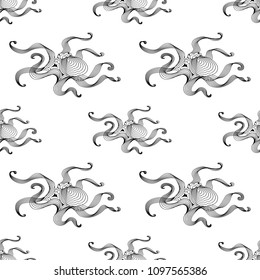 Marine graphic seamless pattern with animal. Vector illustration. The octopus consist of lines. Digital design  for wallpaper, packaging, textile, printing,  web.