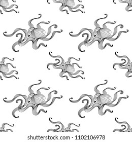 Marine graphic seamless pattern with animal. Vector illustration. The octopus consist of lines. Digital design  for wallpaper, packaging, textile, printing,  web.