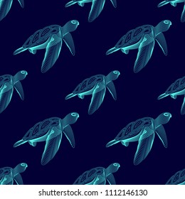 Marine graphic seamless pattern with animal. Vector illustration. The turtle consist of lines. Digital design  for wallpaper, packaging, textile, printing,  web.