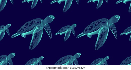 Marine graphic seamless pattern with animal. Vector illustration. The turtle consist of lines. Digital design  for wallpaper, packaging, textile, printing,  web.