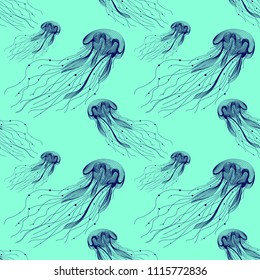 Marine graphic seamless pattern with animal. Vector illustration. The medusa consist of lines. Digital design  for wallpaper, packaging, textile, printing,  web.