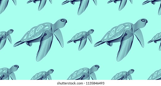 Marine graphic seamless pattern with animal. Vector illustration. The turtle consist of lines. Digital design  for wallpaper, packaging, textile, printing,  web.